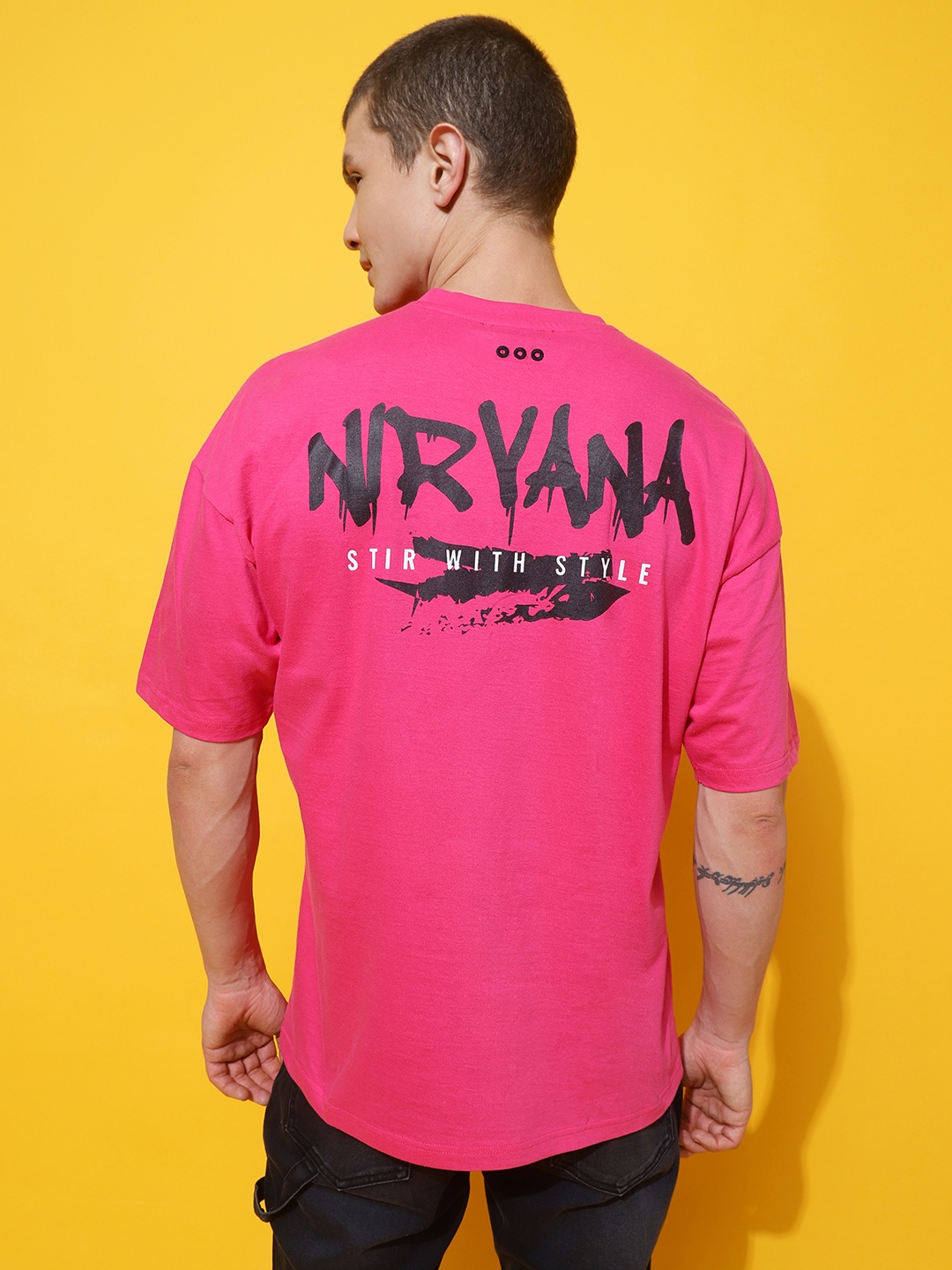 Belliskey Typography Printed Drop Shouder Sleeves Oversized Cotton T-shirt, Pink