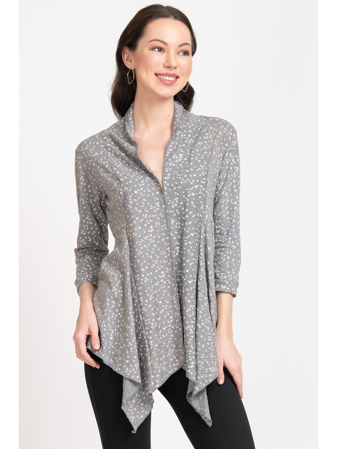

urSense Floral Printed Asymmetric Cotton Shrug, Grey