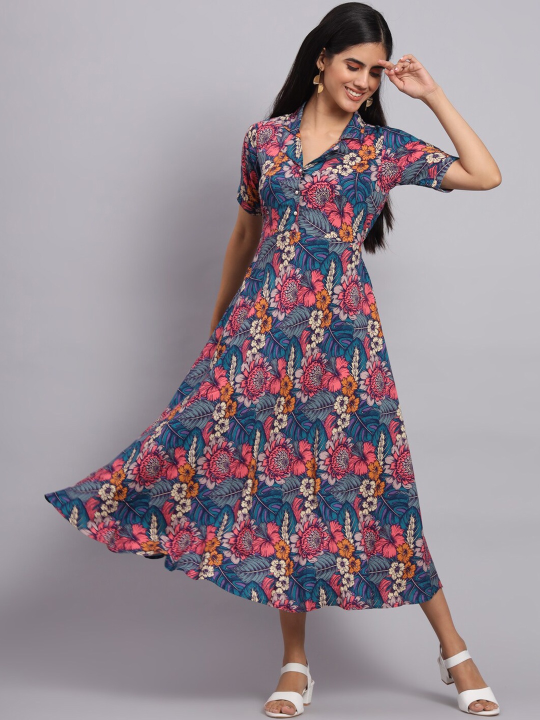 

Tissu Floral Printed Fit & Flare Ethnic Dress, Blue