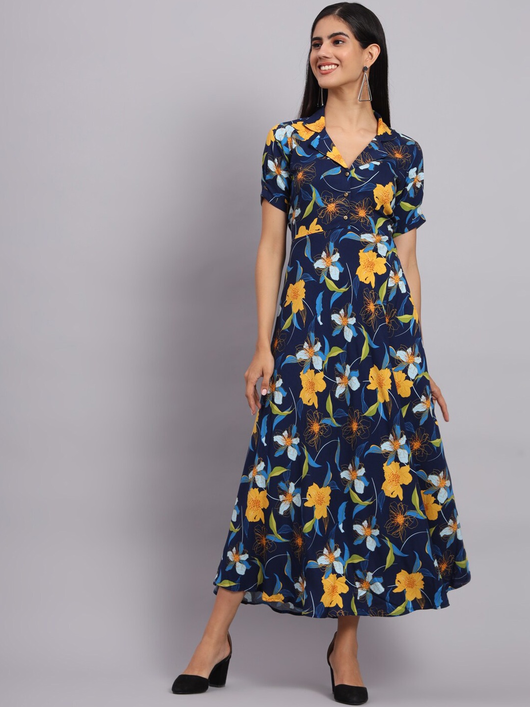 

Tissu Floral Printed Fit & Flare Ethnic Dress, Navy blue