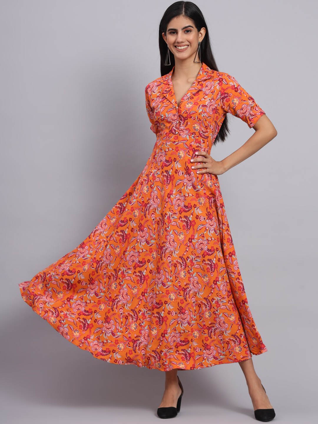 

Tissu Floral Printed Fit and Flare Ethnic Dress, Orange