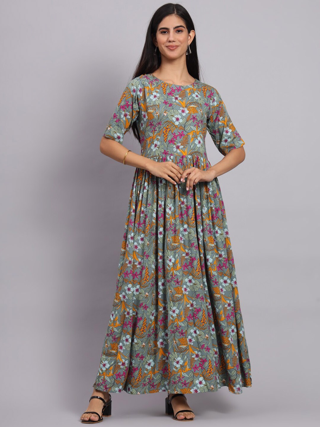 

Tissu Floral Printed Fit & Flare Ethnic Dress, Grey