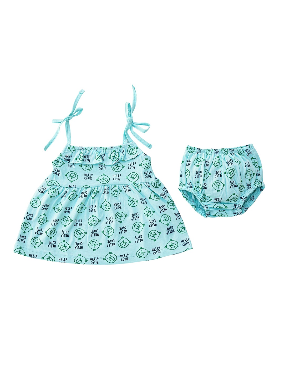 

Dear Little Girls Conversational Printed Spaghetti Fit & Flare Pure Cotton Dress & Bloomer, Green