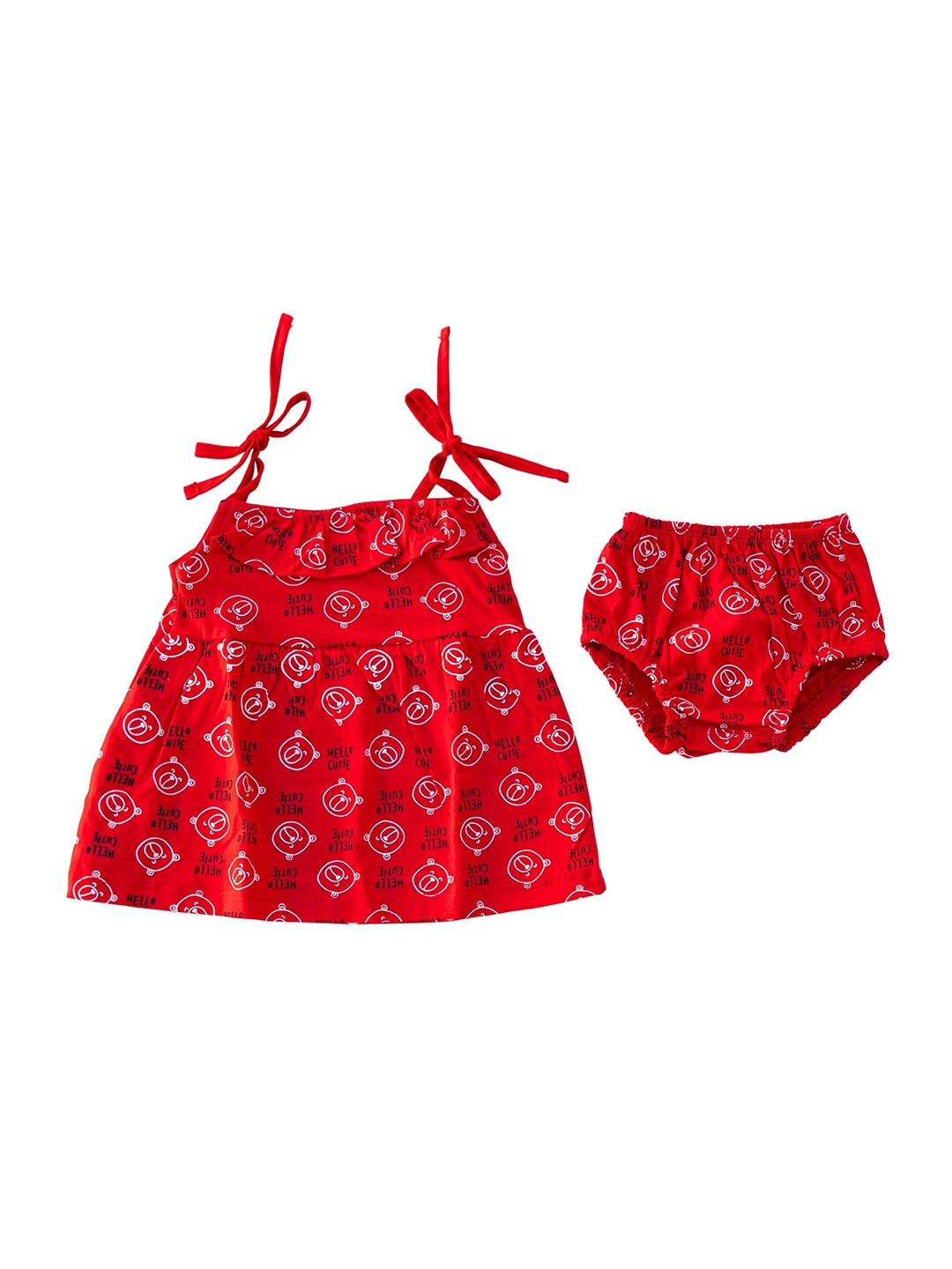 

Dear Little Girls Conversational Printed Spaghetti Fit & Flare Pure Cotton Dress & Bloomer, Red