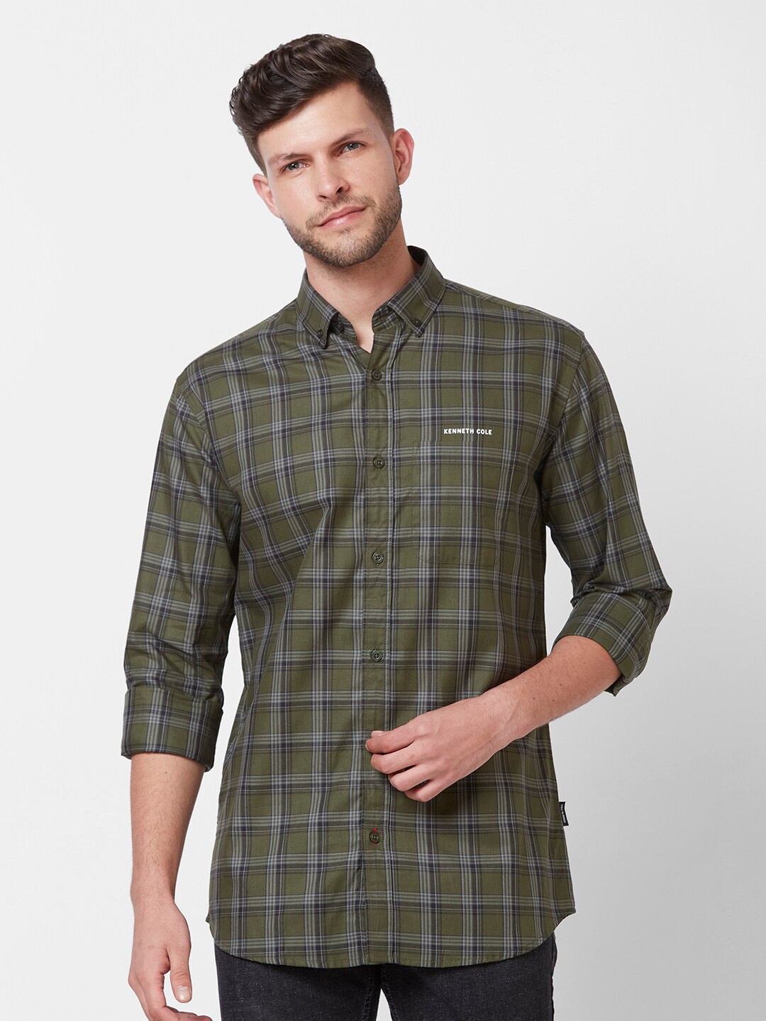 

Kenneth Cole New Slim Fit Tartan Checks Button-Down Collar Opaque Pure Cotton Casual Shirt, Green