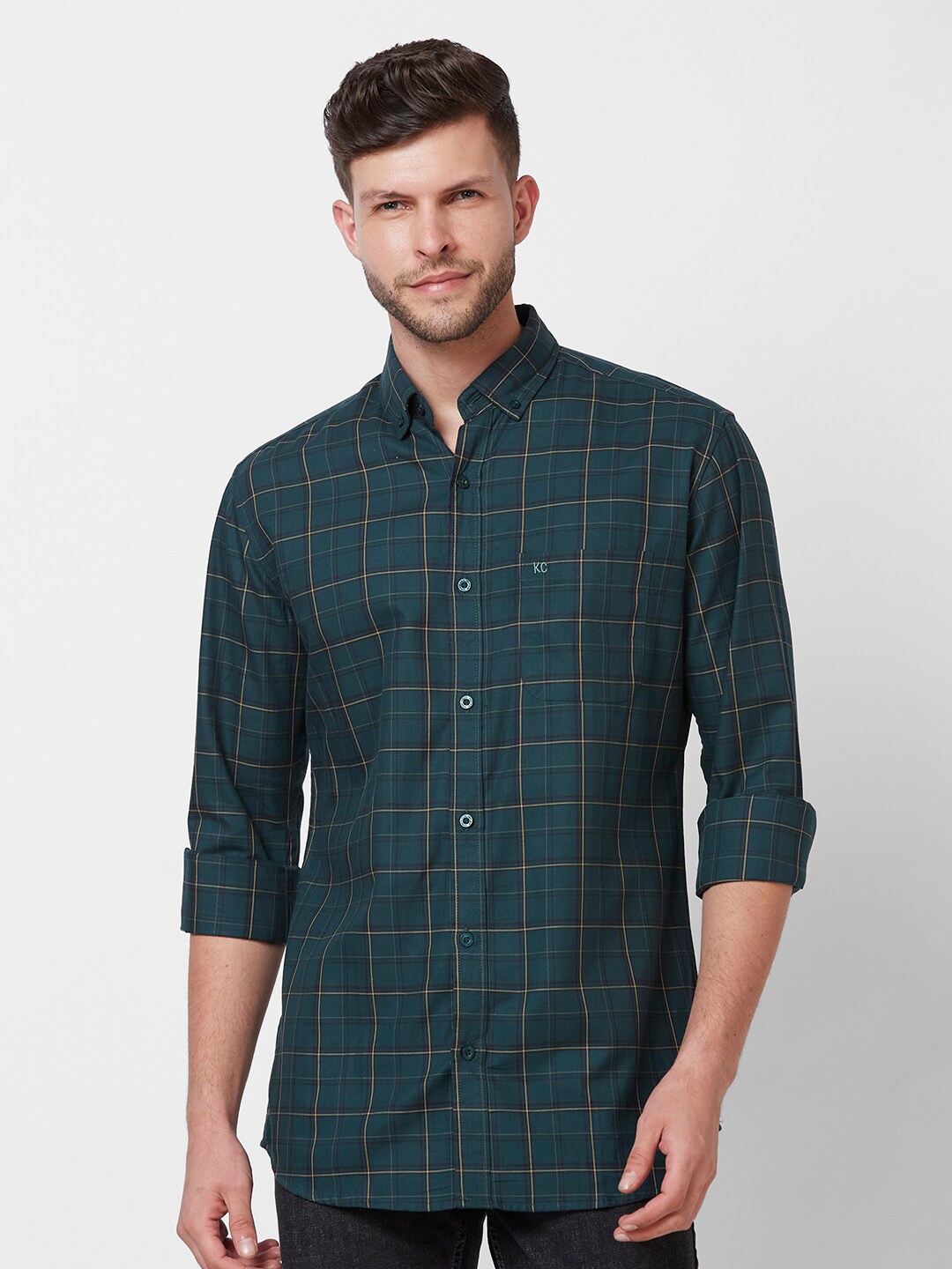 

Kenneth Cole New Slim Fit Tartan Checks Button-Down Collar Opaque Pure Cotton Casual Shirt, Teal