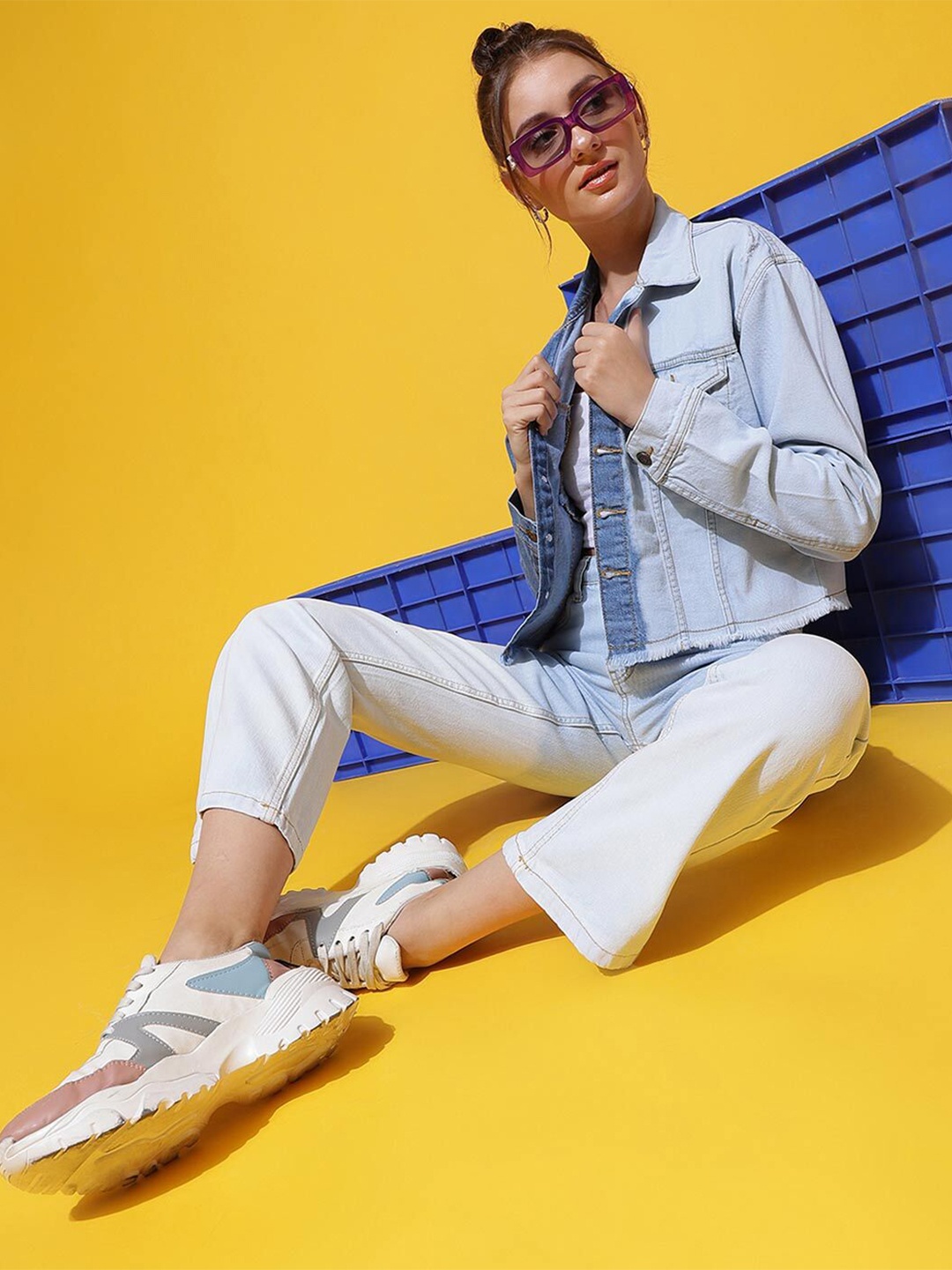 

Belliskey Washed Colourblocked Crop Denim Jacket, Blue
