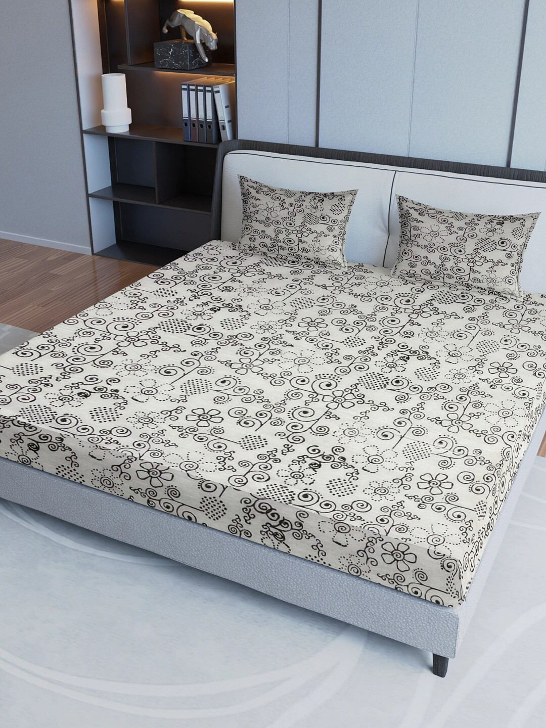 

Sangria Block Grey Floral Printed Cotton 200 TC King Bedsheet with 2 Pillow Covers
