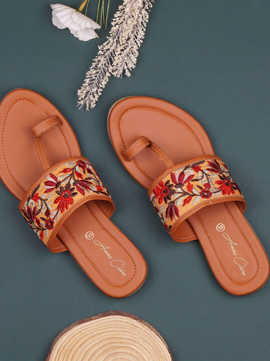 

Anna Claire Embroidered One Toe Flats, Tan