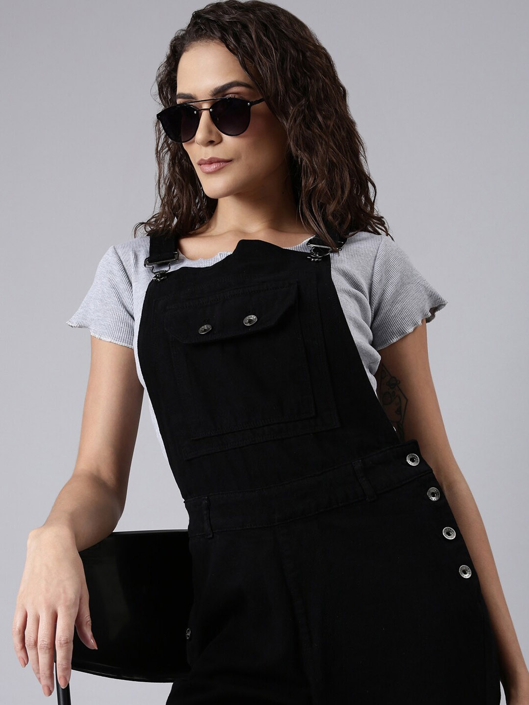 

SHOWOFF Cotton Denim Straight Leg Dungaree Dress, Black