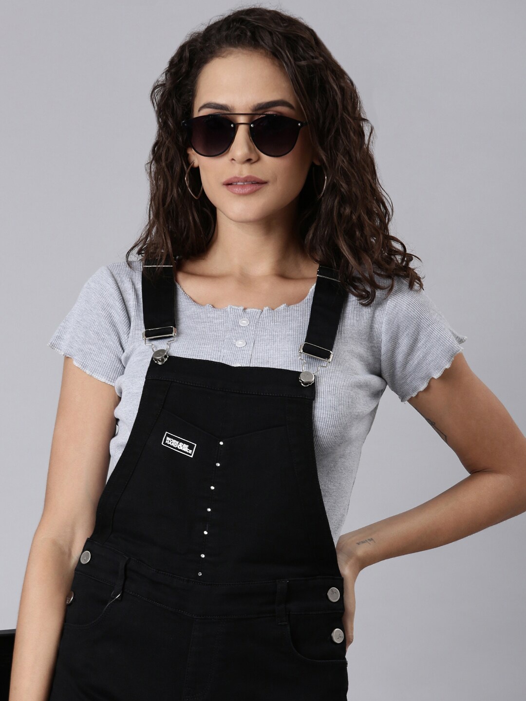 

SHOWOFF Slim Fit Cotton Denim Dungaree, Black