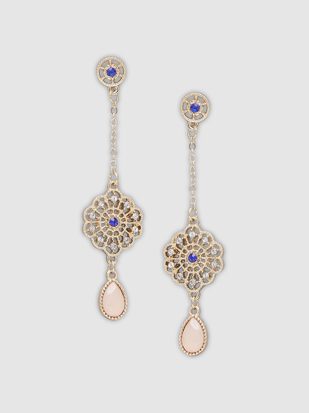 

Globus Gold-Plated & Navy Blue Stone-Studded Floral Drop Earrings