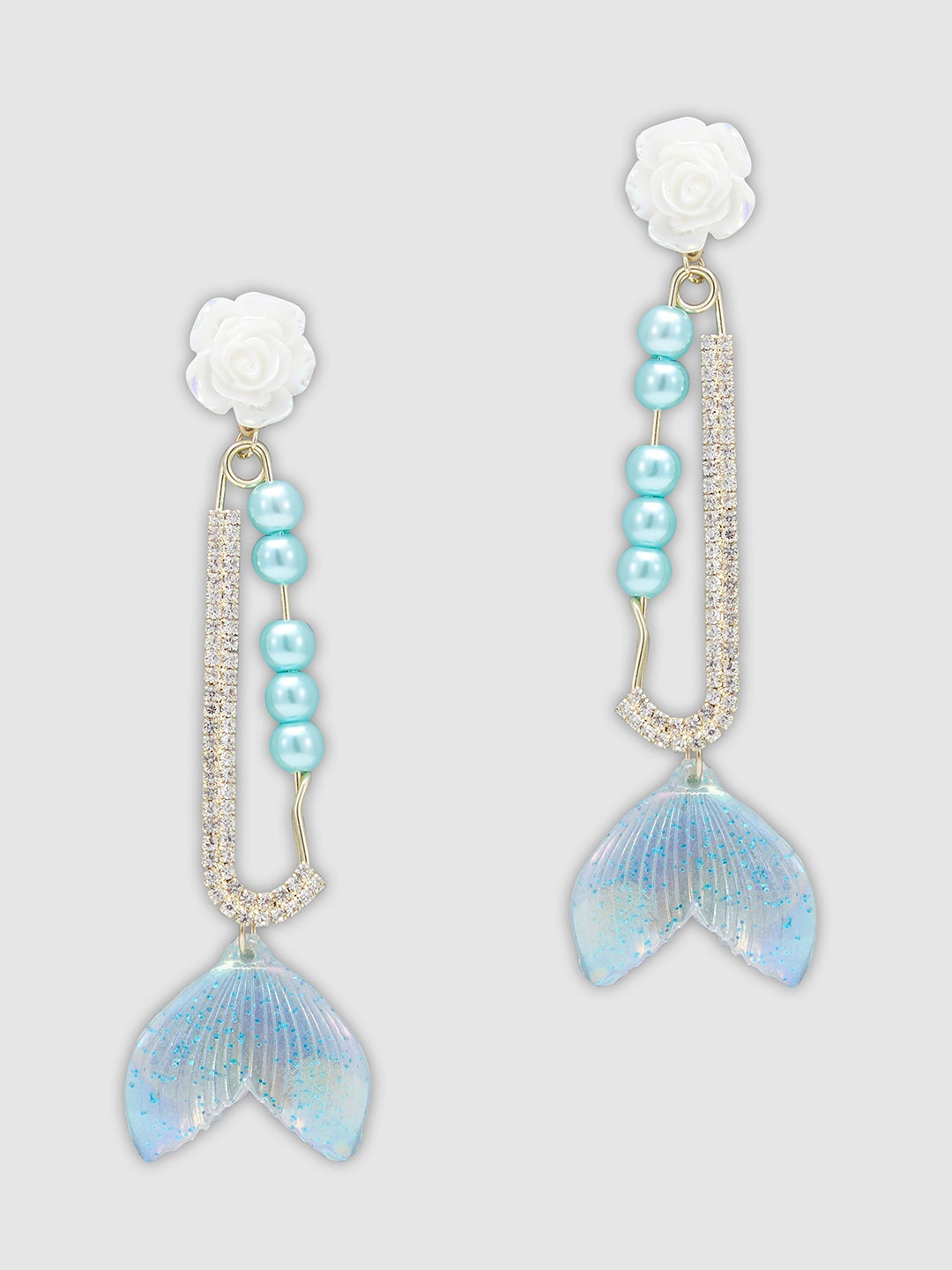 

Globus Gold-Plated & White Beads-Studded Floral Drop Earrings