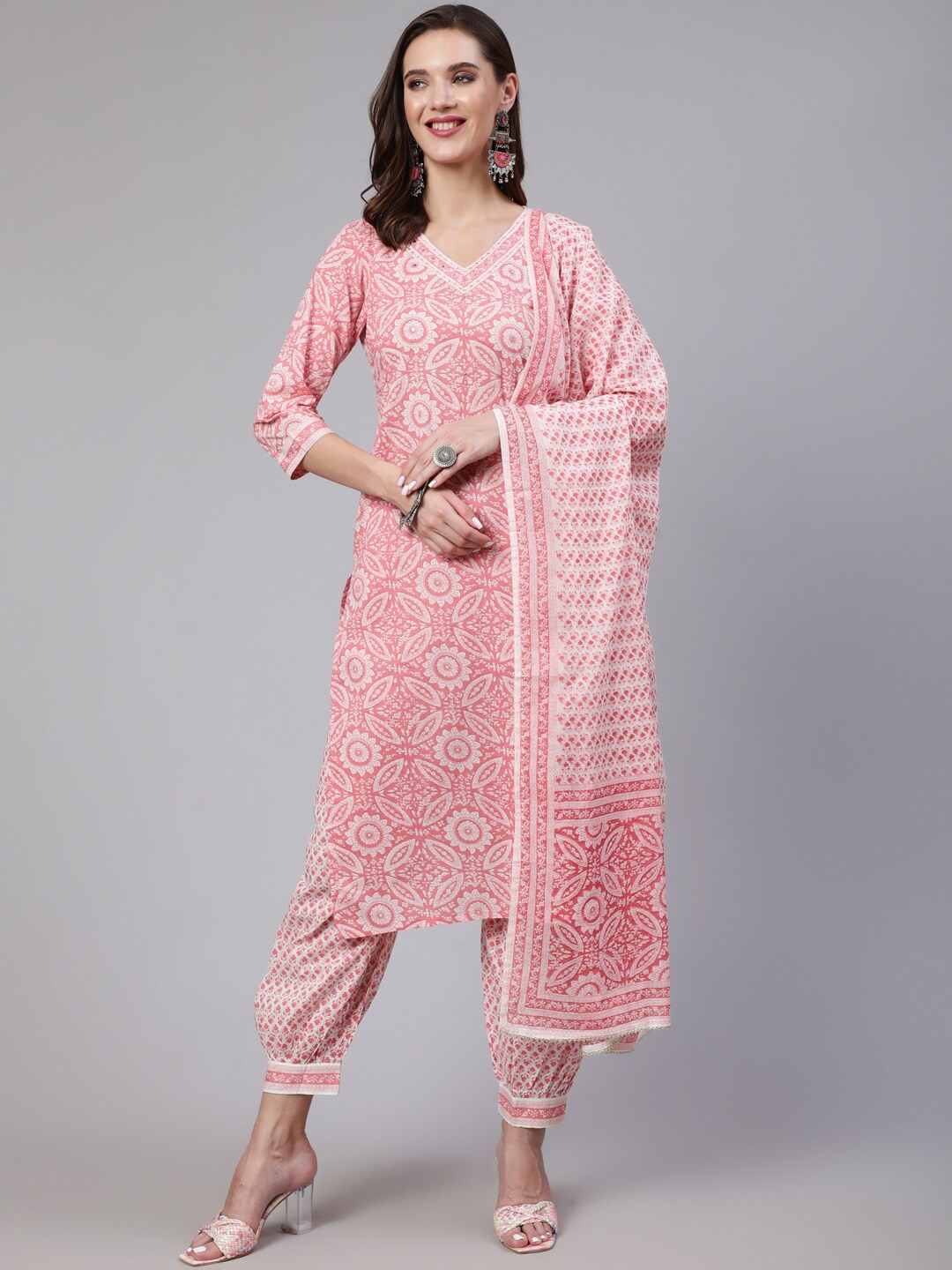 

KALINI Floral Printed V-Neck Mirror Work Pure Cotton Kurta with Trousers & With Dupatta, Peach