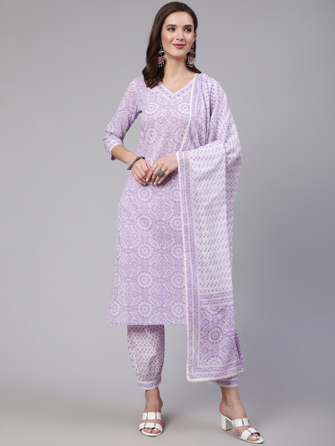 

KALINI Floral Printed V-Neck Mirror Work Pure Cotton Kurta with Trousers & With Dupatta, Purple