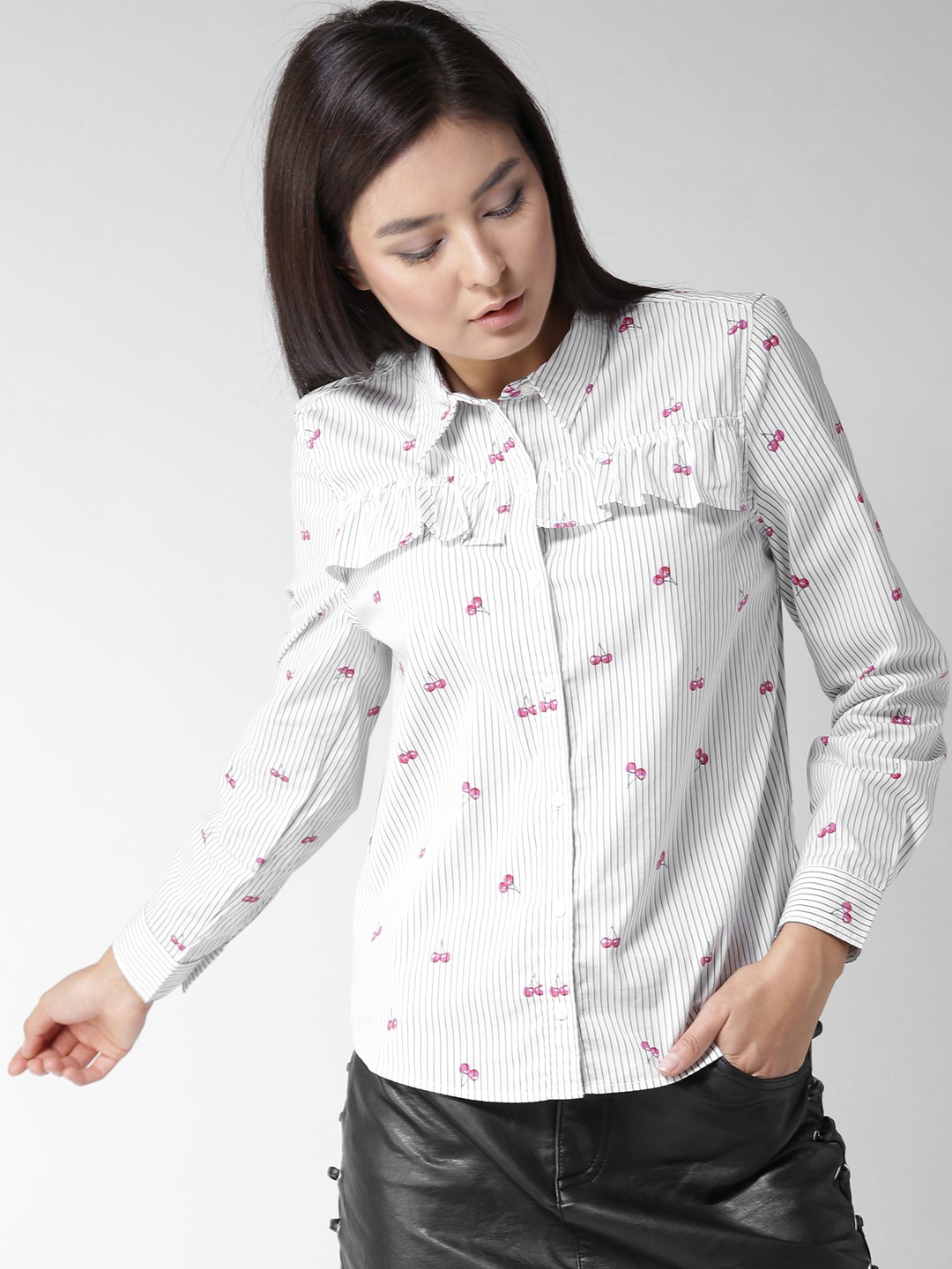 

FOREVER 21 Women Off-White & Black Striped Ruffled Casual Shirt