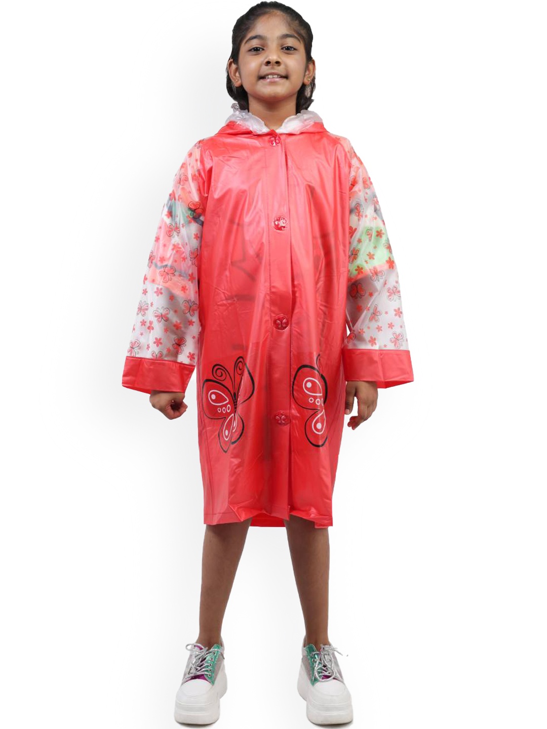 

Yellow Bee Girls Printed Hooded Rain Jacket, Red