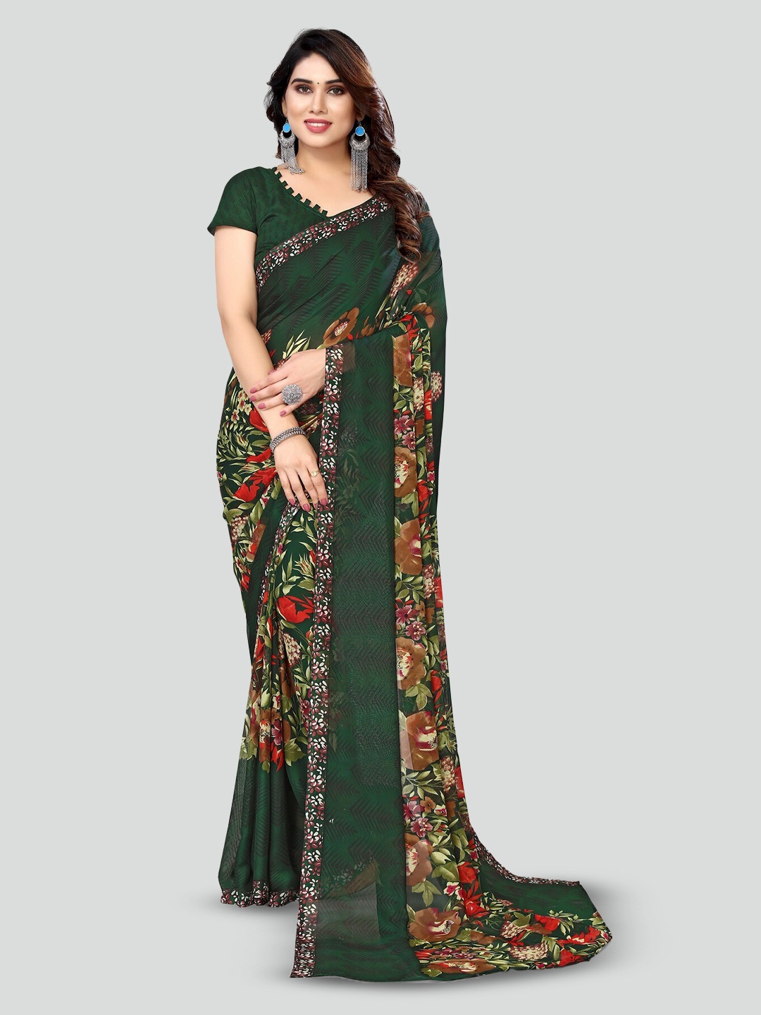 

KALINI Floral Printed Bandhani Saree, Green