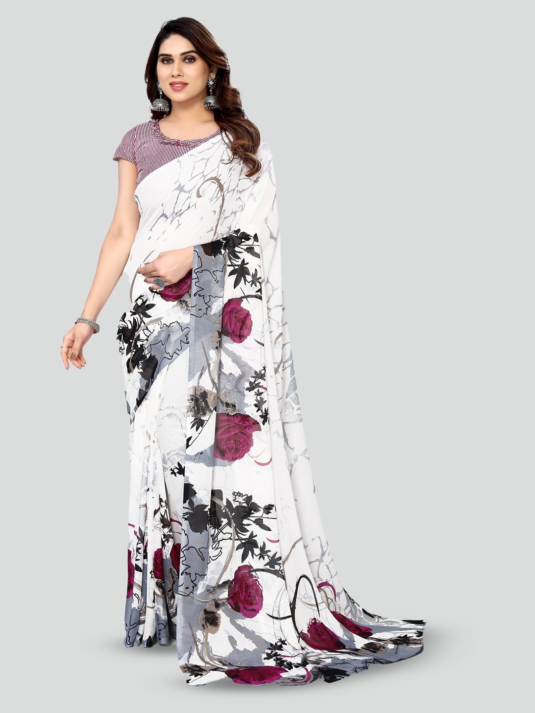 KALINI Floral Printed Bandhani Saree, White
