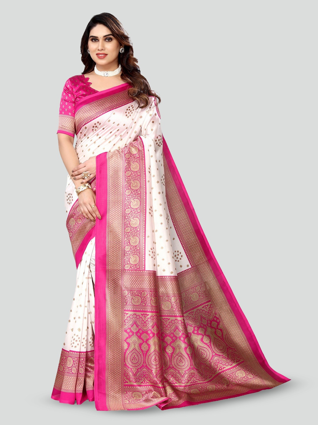 

KALINI Geometric Printed Zari Art Silk Mysore Silk Saree, Pink