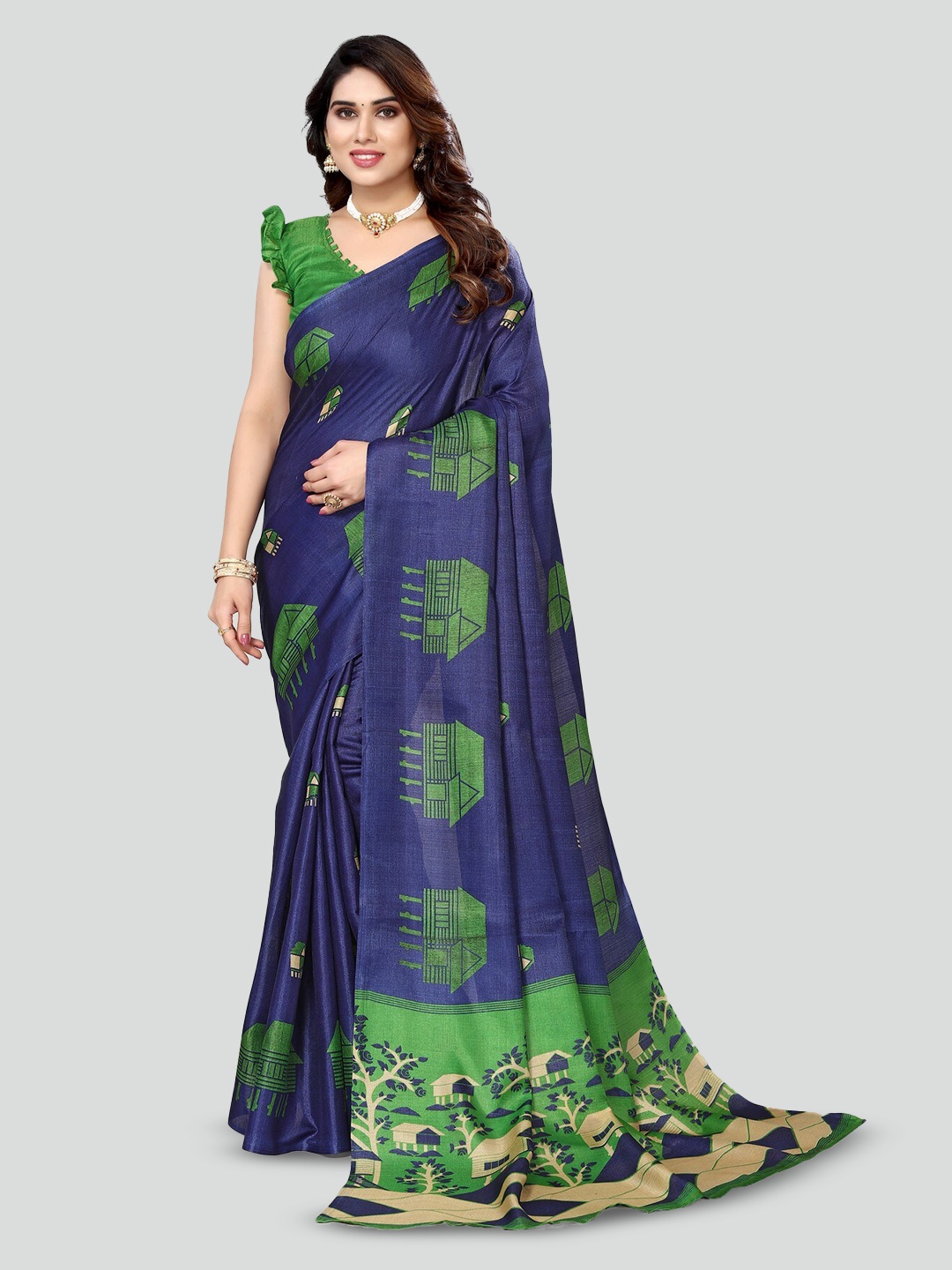 

KALINI Graphic Printed Art Silk Mysore Silk Saree, Navy blue