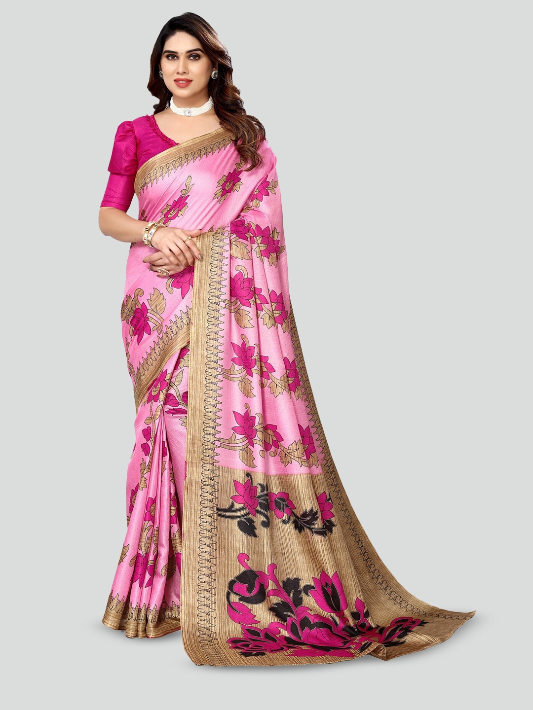 

KALINI Floral Printed Art Silk Mysore Silk Saree, Pink