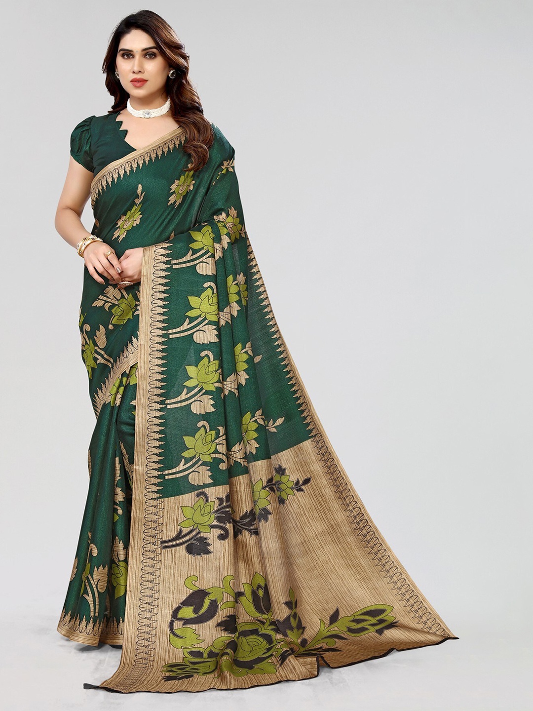 

KALINI Floral Printed Art Silk Mysore Silk Saree, Green