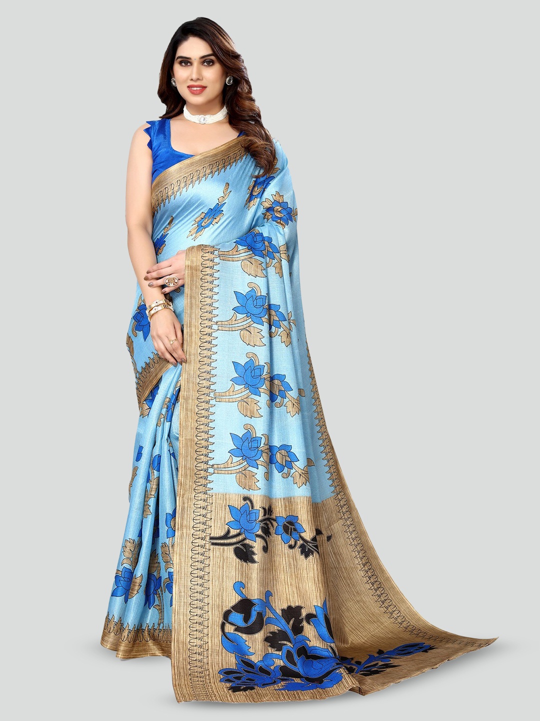 

KALINI Floral Printed Art Silk Mysore Silk Saree, Blue