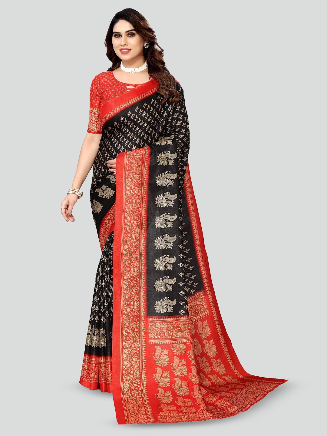 

KALINI Floral Printed Art Silk Mysore Silk Saree, Black