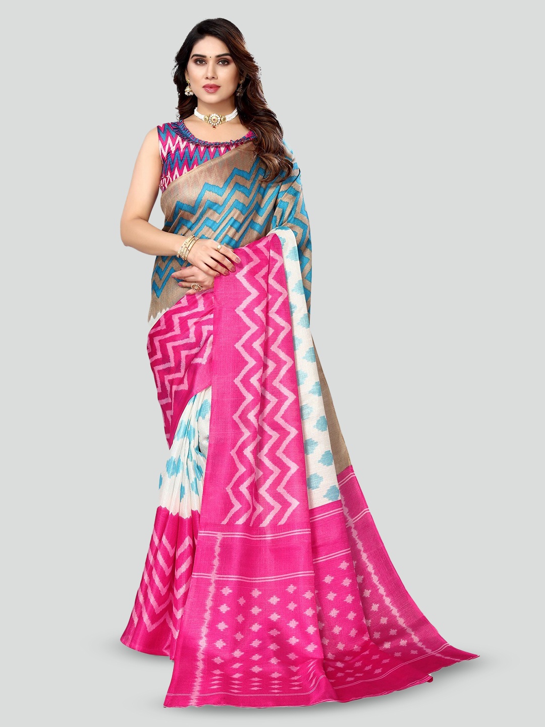 

KALINI Geometric Printed Art Silk Mysore Silk Saree, Pink
