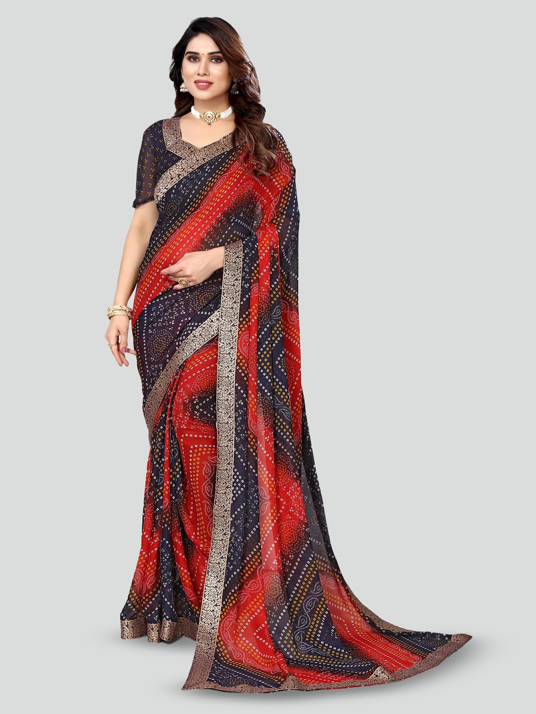

KALINI Bandhani Printed Saree, Navy blue