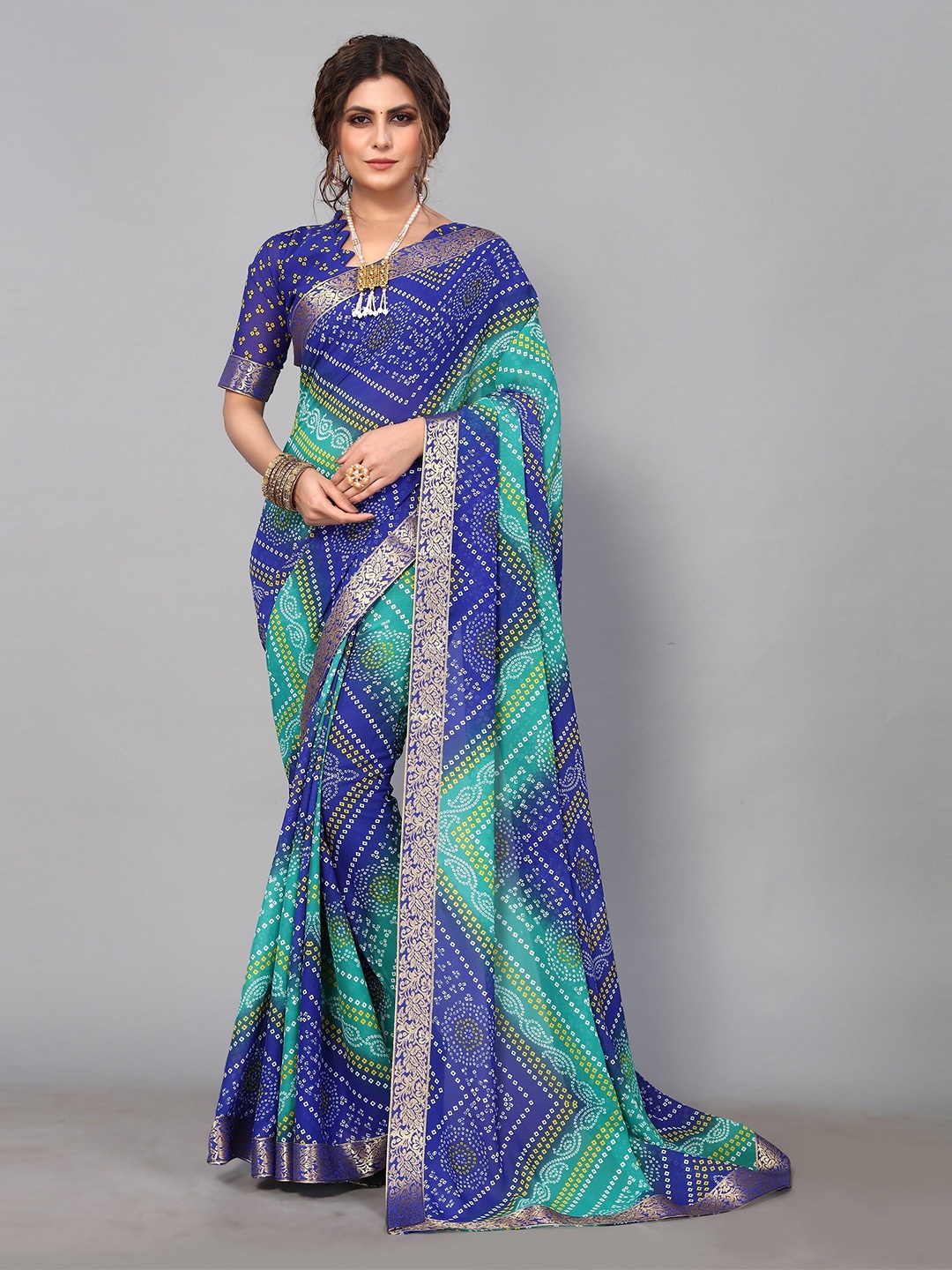 

KALINI Zari Bandhani Printed Saree, Blue