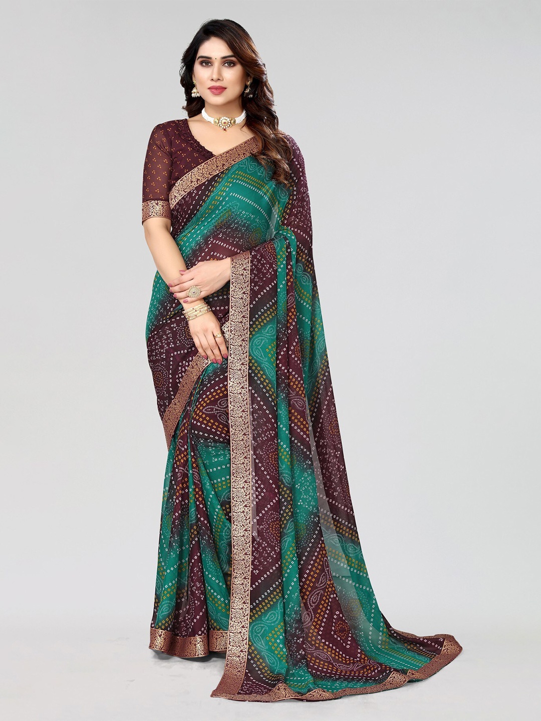 

KALINI Zari Bandhani Printed Saree, Brown
