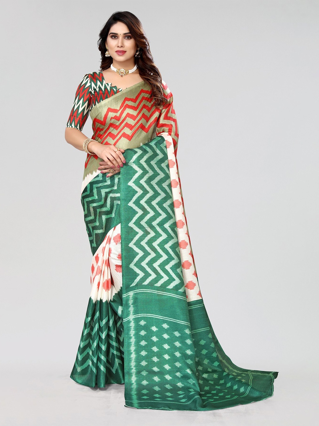 KALINI Geometric Printed Art Silk Mysore Silk Saree, Green