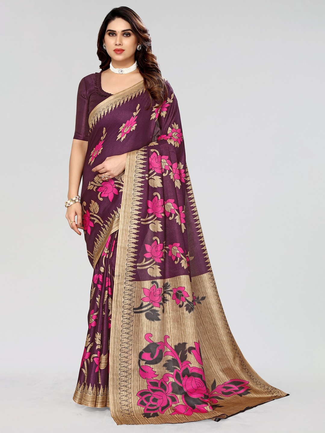 

KALINI Floral Printed Zari Art Silk Mysore Silk Saree, Purple
