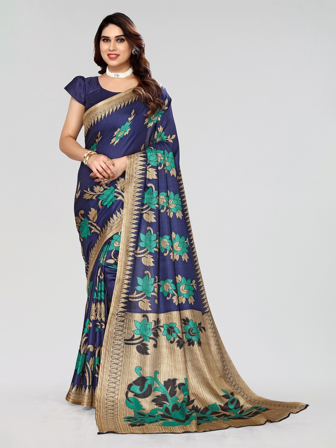KALINI Floral Printed Zari Art Silk Mysore Silk Saree, Navy blue