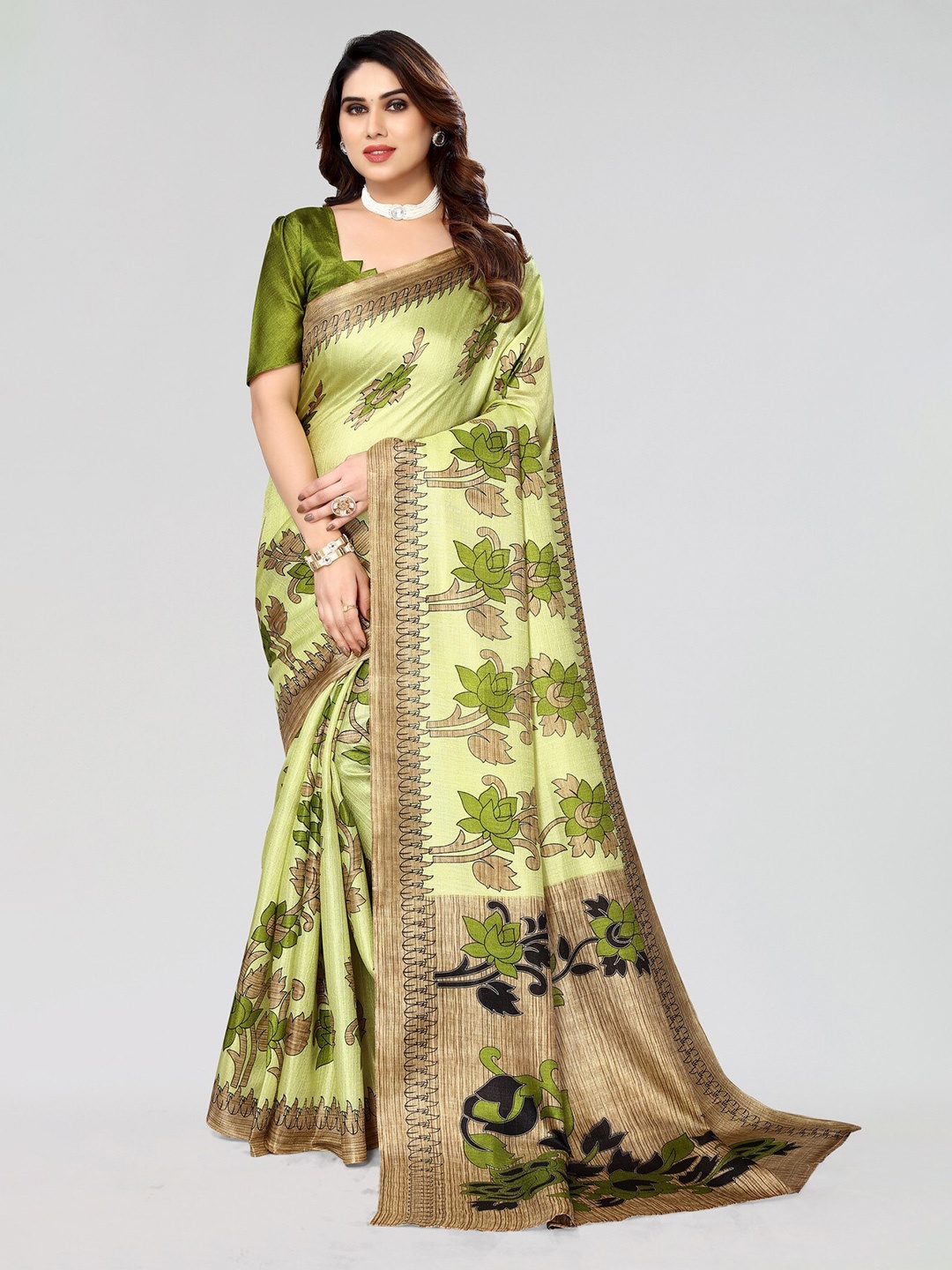 KALINI Floral Printed Zari Art Silk Mysore Silk Saree, Green