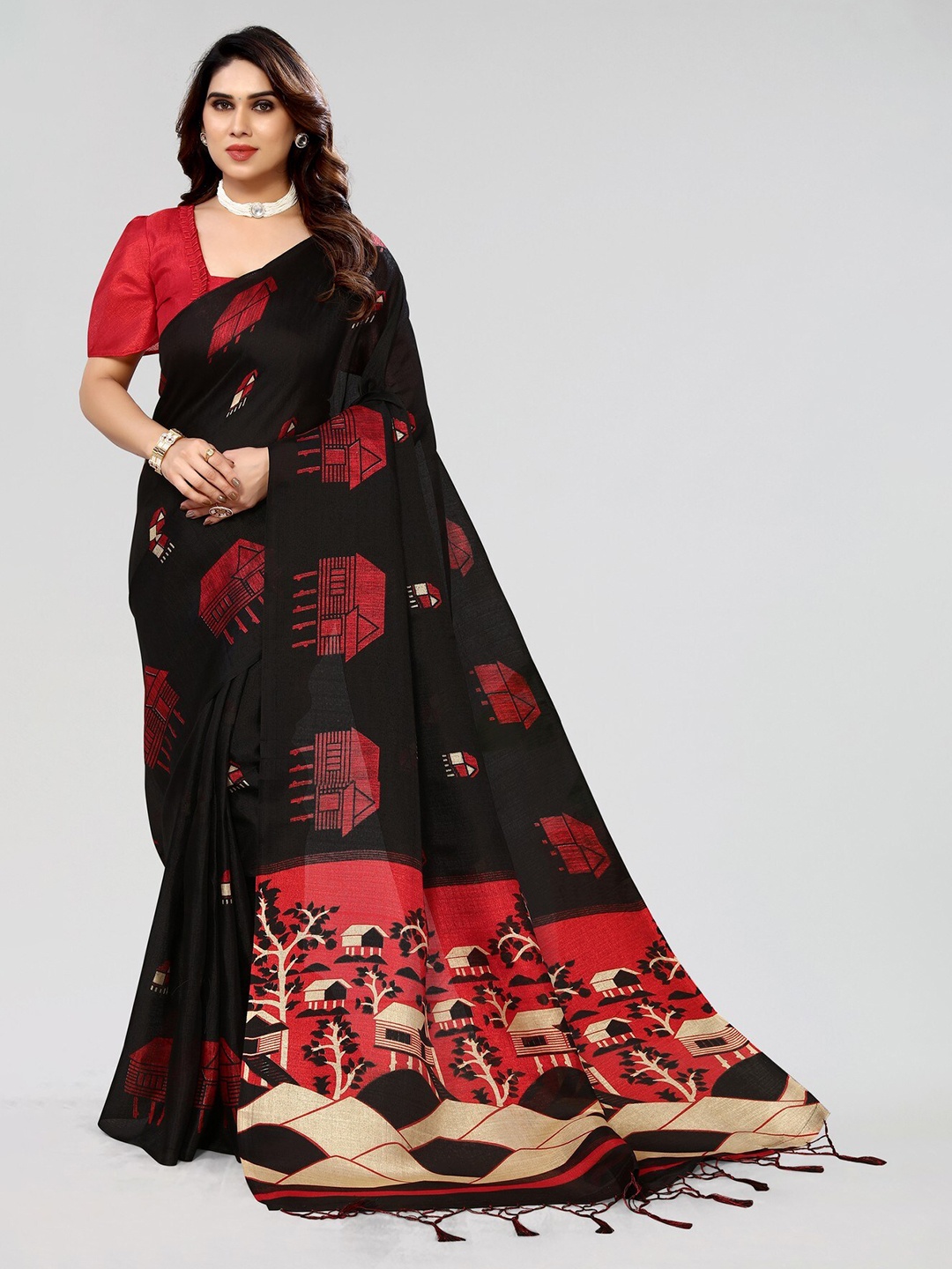 

KALINI Graphic Printed Art Silk Mysore Silk Saree, Black