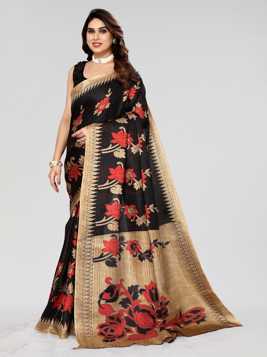 

KALINI Floral Printed Art Silk Mysore Silk Saree, Black