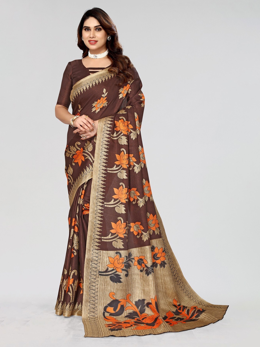 

KALINI Floral Printed Art Silk Mysore Silk Saree, Brown