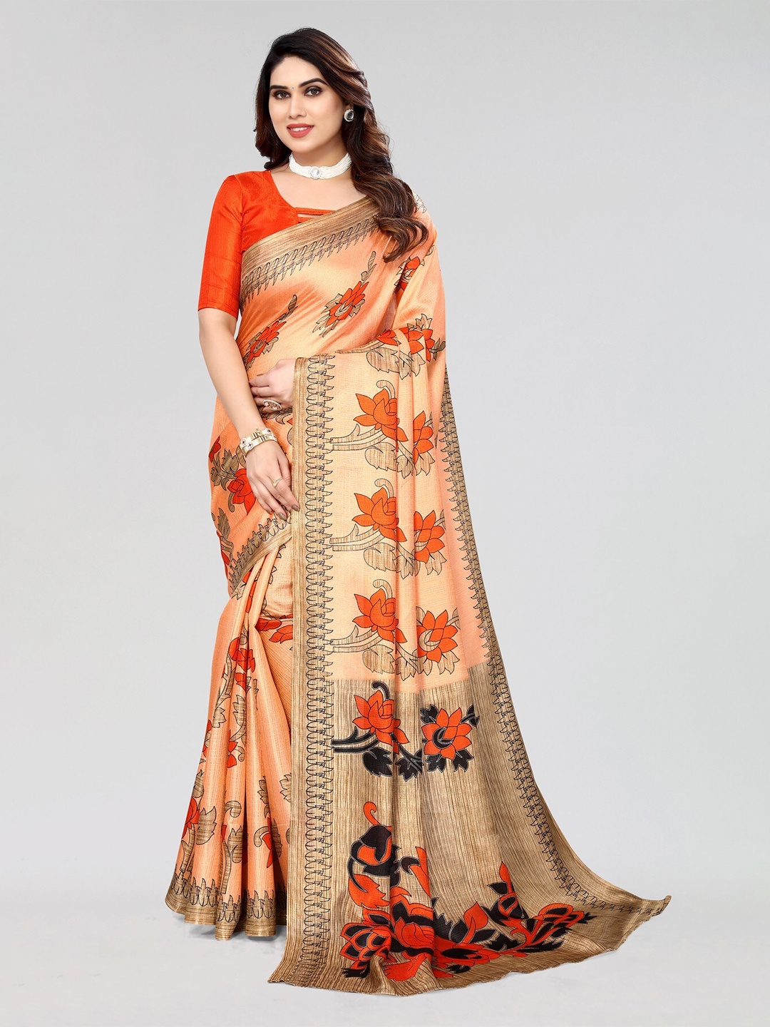 

KALINI Floral Printed Art Silk Mysore Silk Saree, Orange