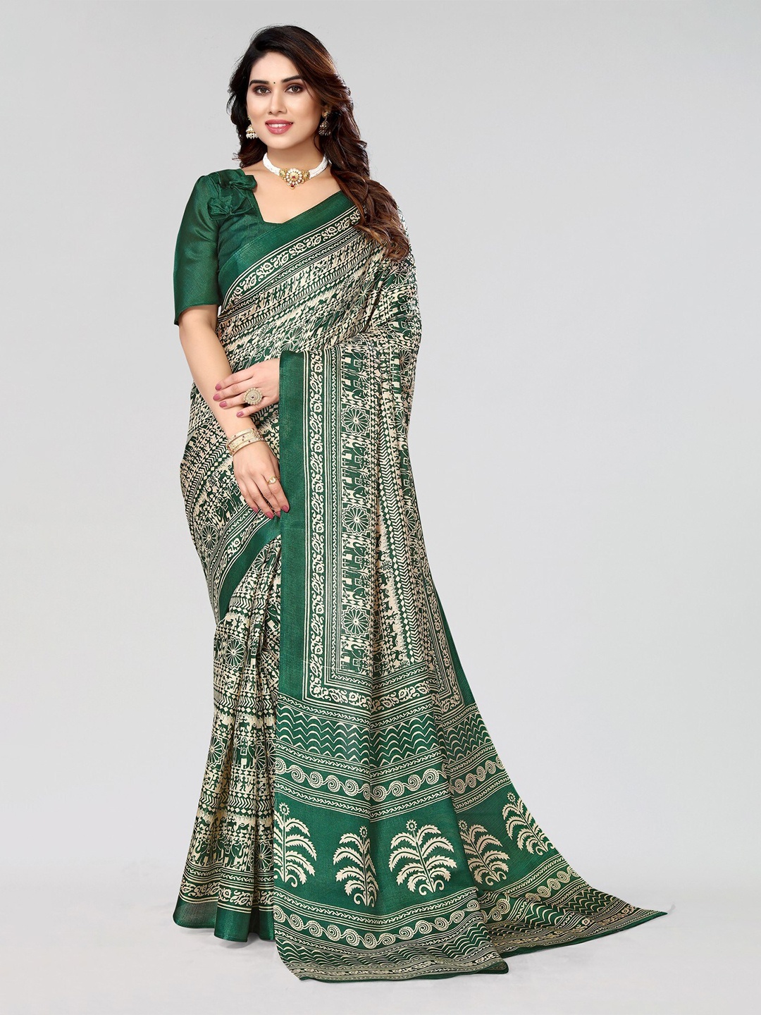 

KALINI Ethnic Motifs Printed Art Silk Mysore Silk Saree, Green