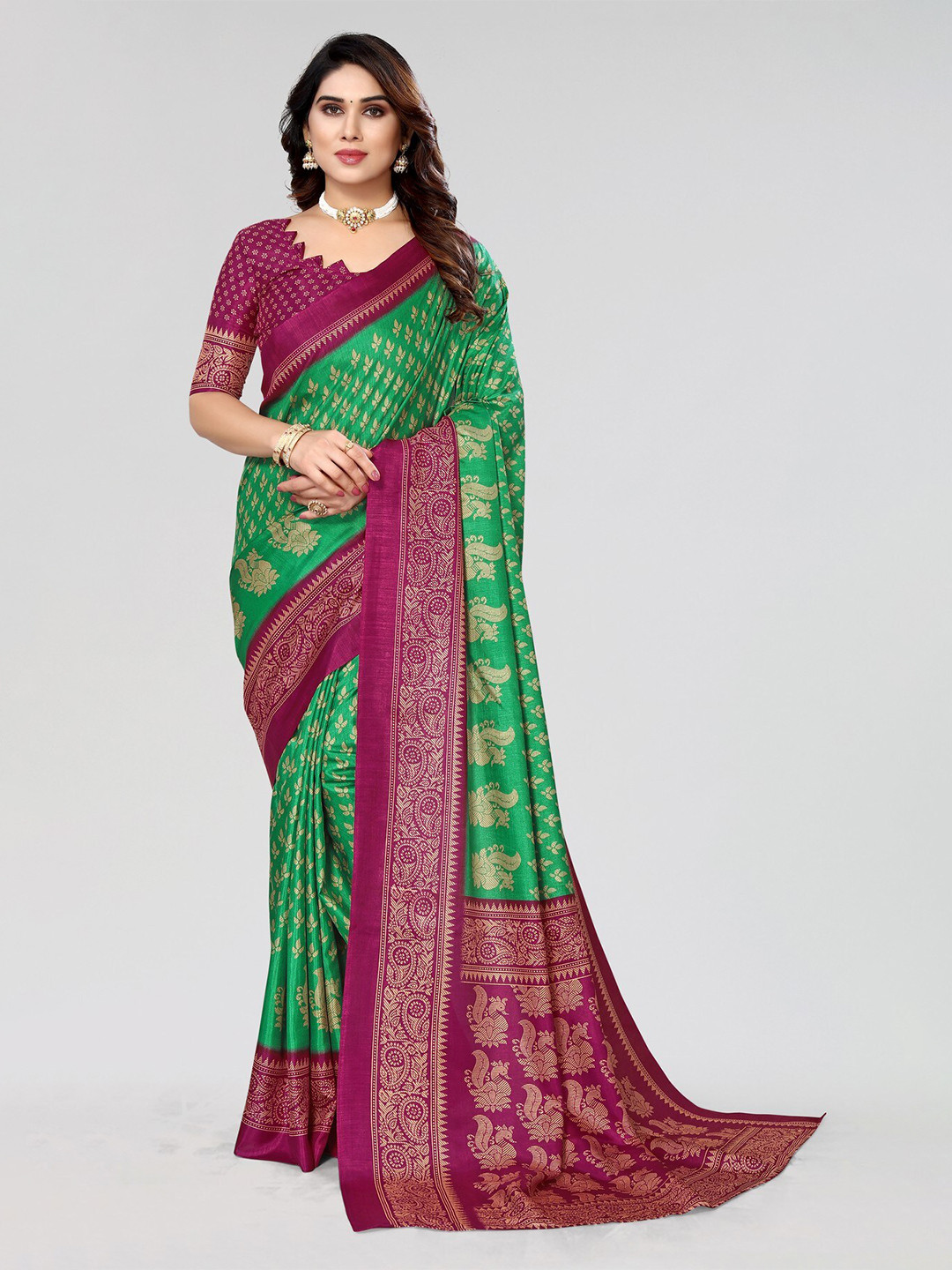 

KALINI Ethnic Motifs Printed Art Silk Mysore Silk Saree, Green