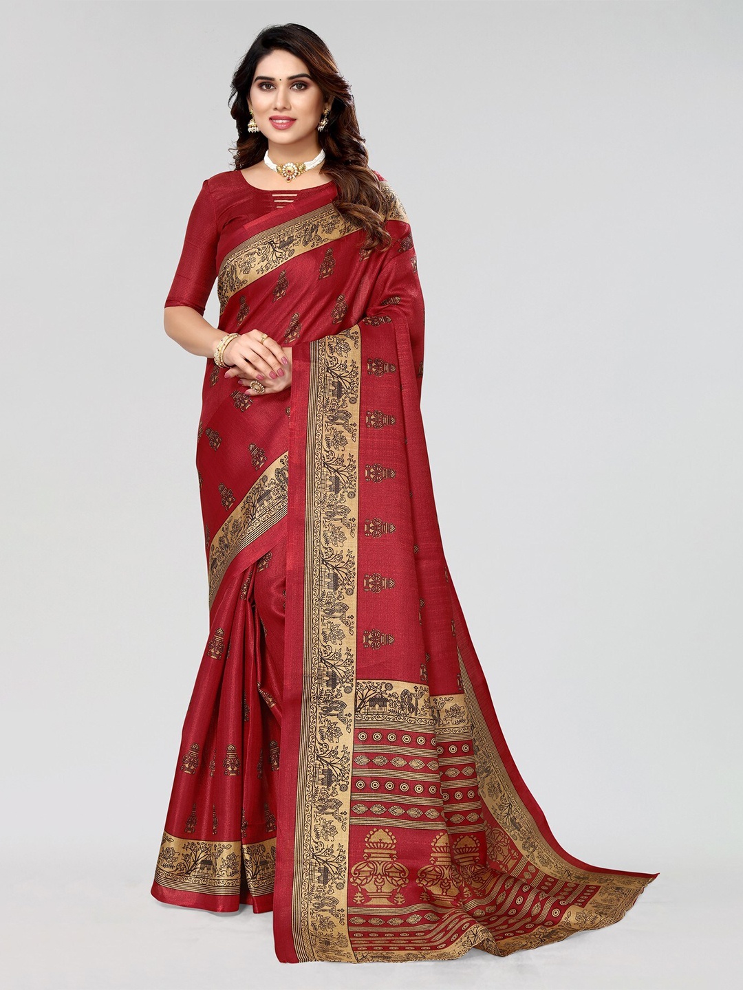 

KALINI Ethnic Motifs Printed Art Silk Mysore Silk Saree, Maroon