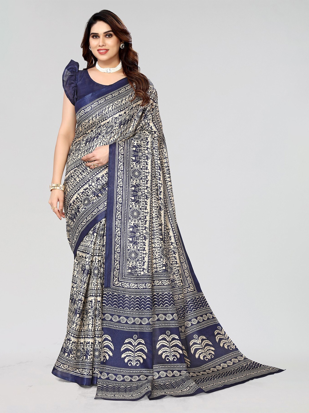 

KALINI Ethnic Motifs Printed Art Silk Mysore Silk Saree, Navy blue