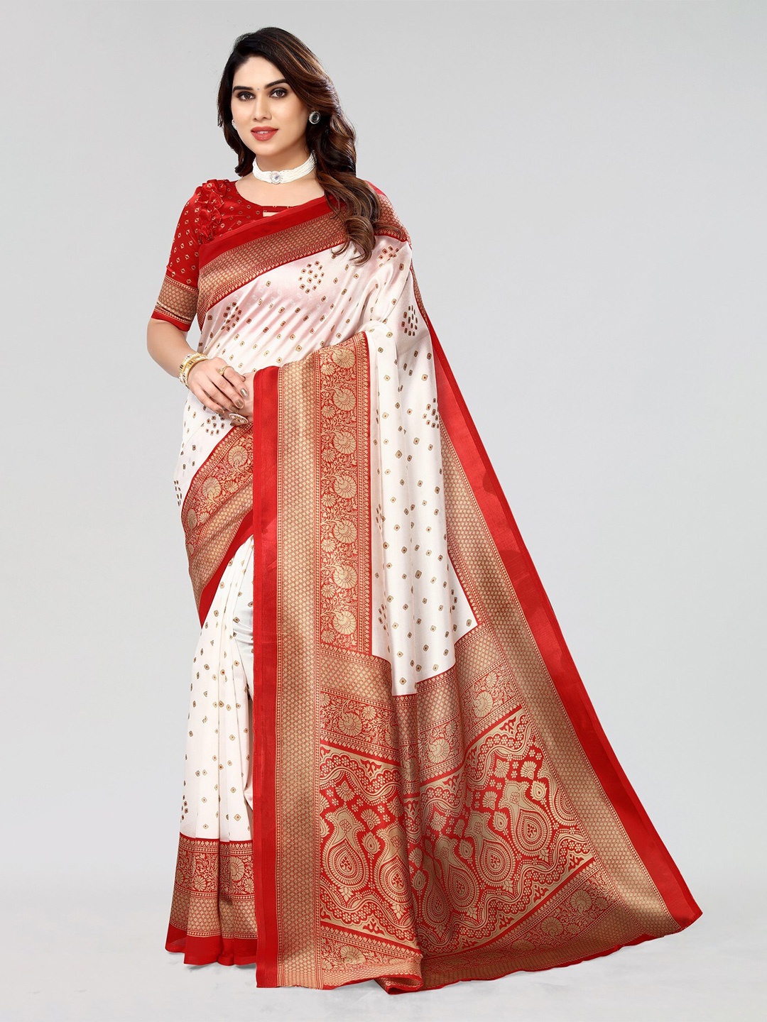 

KALINI Geometric Printed Art Silk Mysore Silk Saree, Red