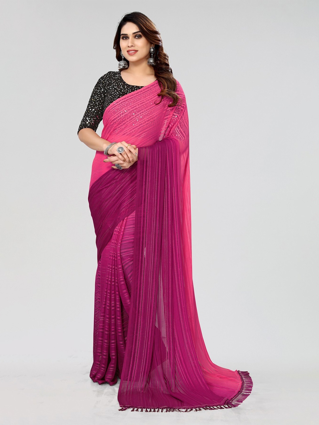 

KALINI Striped Sequinned Saree, Purple