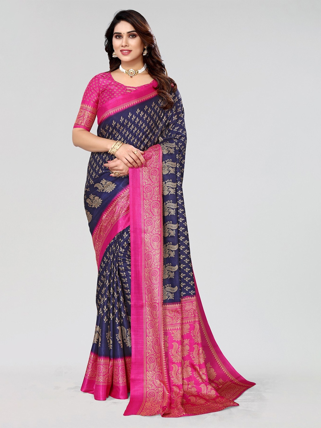 

KALINI Ethnic Motifs Printed Art Silk Mysore Silk Saree, Navy blue