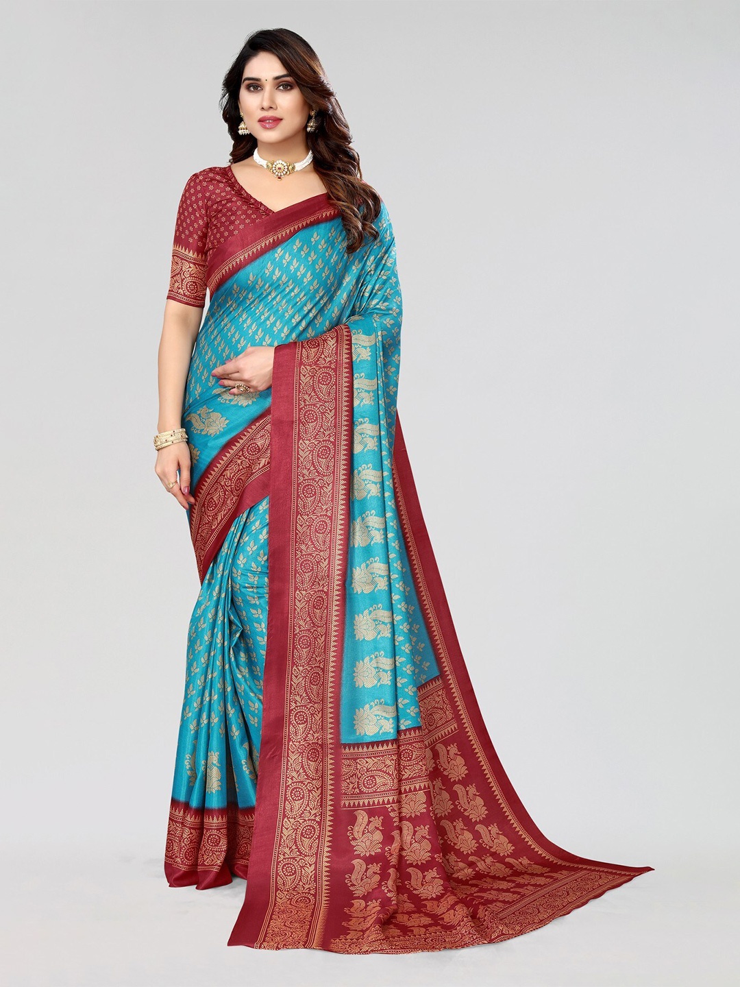 

KALINI Ethnic Motifs Printed Art Silk Mysore Silk Saree, Teal