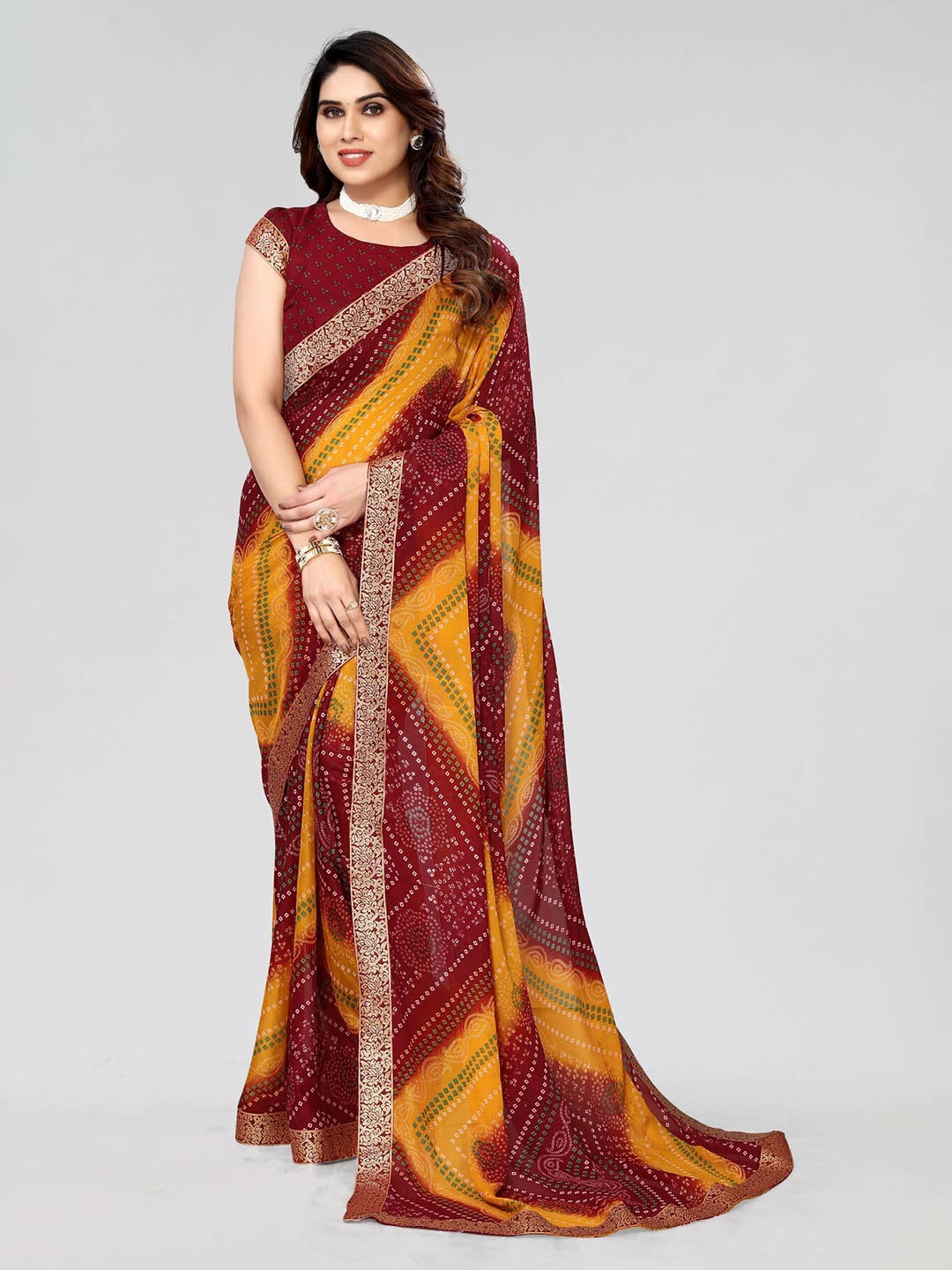 

KALINI Zari Bandhani Printed Saree, Maroon